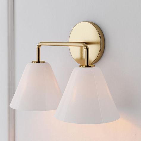 Sculptural 2-Light Sconce, Cone Mini, Milk, Chrome, 8" | West Elm Powder Room Lighting, Canopy Glass, Salon Suites, Mini Milk, Stylish Curtains, Metal Canopy, Bathroom Sconces, Powder Bath, Bathroom Light Fixtures