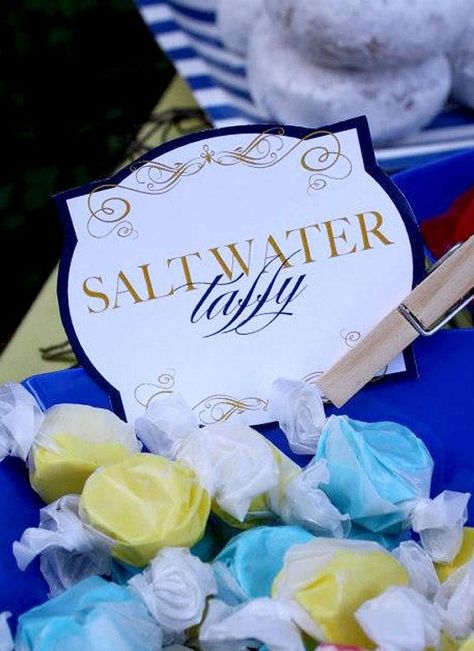 Nautical Food, Nautical Baby Shower Favors, Nautical Baby Shower Boy, Saltwater Taffy, Nautical Bridal Showers, Beach Baby Showers, Party Food Labels, Nautical Themed Party, Nautical Wedding Theme