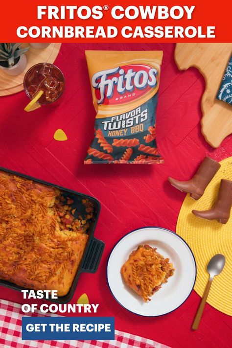 Eat like a cowboy, no hat or boots required. Enjoy a twist (pun intended) on a country classic with cowboy cornbread casserole made crunchy using Fritos® Honey BBQ Flavored Twists—the go anywhere, dip into anything, down for everything chip. #ad Frito Cornbread Casserole, Frito Cowboy Cornbread Casserole, Fritos Honey Bbq Twists Recipes, Fritos Cowboy Cornbread Casserole, Cowboy Casserole Cornbread, Cowboy Cornbread Recipe, Fritos Recipes, Frito Recipes, Ethiopia Food