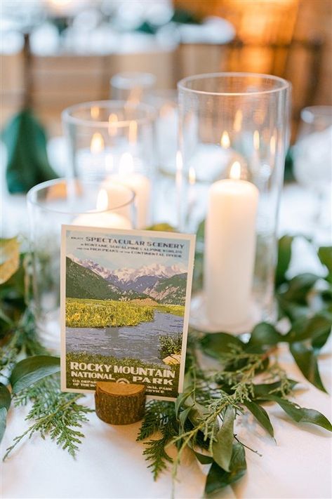 Park Party Table Decorations, Mountain Themed Wedding Reception, Outdoorsy Wedding Table Decor, August Mountain Wedding Colors, Yellowstone Theme Wedding, November Mountain Wedding, Mountain Theme Centerpieces, Mountain Wedding Signage, Mountain Theme Engagement Party