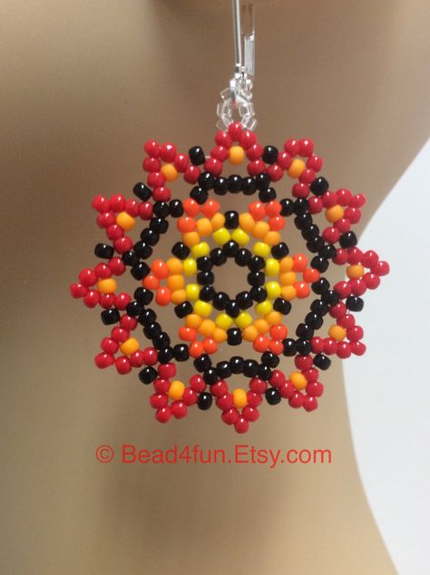 Seed Beaded Earrings Name: Free Spirited Mandala Earrings | Etsy Huichol Beading Tutorials, Seed Bead Necklace Diy, Seed Bead Patterns Free Earrings, Seed Bead Earrings Tutorial, Seed Bead Bracelets Diy, Seed Bead Patterns Free, Seed Bead Bracelet Patterns, Mandala Earrings, Ear Art