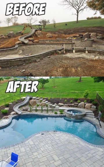 Check out this amazing swimming pool landscaping transformation. In the before photo the pool has mostly been installed and some of our work has already taken place.The swimming pool landscaping project consisted of construction and installation of all Techo Bloc ‘Blu 60’ paver pool decking for the lower, and upper patios. A Techo Bloc ‘Mini-Creta’ retaining wall was installed along the pools edge. the Natural boulder steps were installed to sliding board and to upper patio with a natu… Stock Tank Swimming Pool, Tank Swimming Pool, Amazing Swimming Pools, Sloped Yard, Pools Backyard Inground, Swimming Pool Landscaping, Sloped Backyard, Natural Swimming Pools, Backyard Pool Landscaping