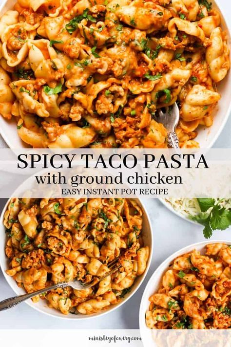 Pasta with a twist! Pasta loaded with Ground chicken and all of your favorite spicy mexican flavors in this easy one pot meal. #ministryofcurry #instantpot Ground Chicken One Pot Meal, Creamy Ground Chicken Pasta, Instapot Ground Chicken, Ground Chicken Instant Pot Recipes, Ground Chicken Instant Pot, Ground Chicken Pasta Recipes Healthy, Ground Chicken Fajita Pasta, Ground Chicken Pasta Recipes, Pasta With Ground Chicken