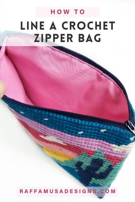 How to Line a Crochet Zipper Bag – Step-by-Step Tutorial How To Add A Zipper To A Crochet Bag, Sewing A Zipper To Crochet, Knit Zipper Pouch, Crochet Lined Zipper Pouch, How To Line A Bag With Fabric, Zippered Crochet Pouch, Adding Lining To Crochet Bag, Crochet With Zipper, Sewing Fabric To Crochet