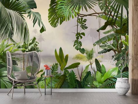 Jungle Wall Mural, Tree Wallpaper Mural, Jungle Wall, Forest Wall Mural, View Wallpaper, Jungle Wallpaper, Tropical Wallpaper, Banana Leaves, Kids Room Wallpaper