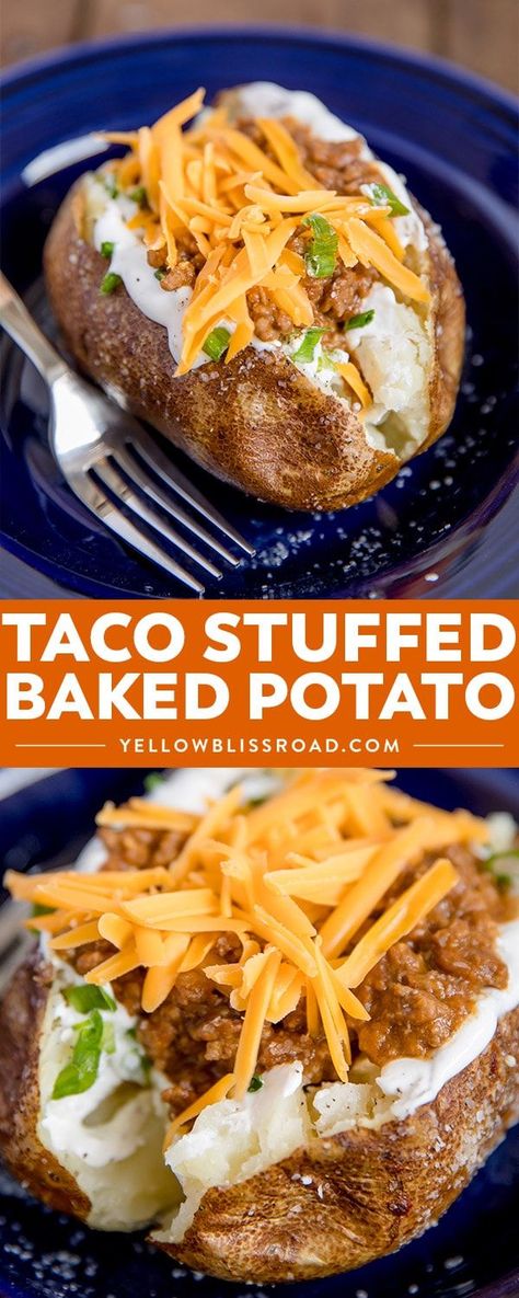 Baked Potato Stuffed, Baked Potato Dinner, Meat And Potatoes Recipes, Potato Stuffed, Perfect Baked Potato, Stuffed Baked Potatoes, Meat And Potatoes, Spicy Tacos, Potato Tacos