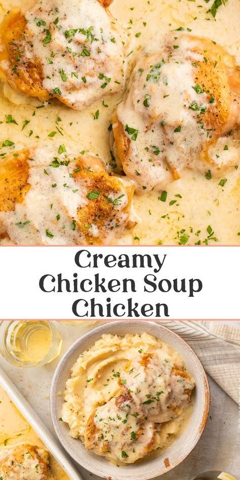 Few Ingredients Chicken Recipes, Healthy Chicken And Mashed Potatoes, Chicken Cooked In Cream Of Chicken Soup, Cream Of Chicken Soup Chicken Bake, Easy Chicken Entrees, Easy Chicken Recipes Cream Of Chicken, Fried Chicken With Cream Of Chicken Soup, Healthy Cream Of Chicken Recipes, Easy Chicken Recipes With Cream Of Chicken