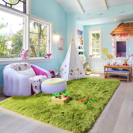 Mercer41 Fluffy Shaggy Area Rug, 4'' X 6'', Grass Green | Wayfair Fluffy Area Rug, Playroom Design, Home Daycare, Plush Area Rugs, Plush Carpet, Rugs For Living Room, Boy's Bedroom, Cute Room Decor, Toddler Room