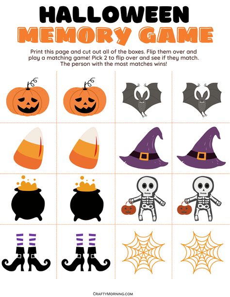 Pumpkin Memory Game, Halloween Memory Game Free Printable, Halloween Memory Game Printable, Halloween Games Diy, Memory Games For Kids Printable, Halloween Games For Preschoolers, Halloween Board Games, Juegos Halloween, Preschool Halloween Games