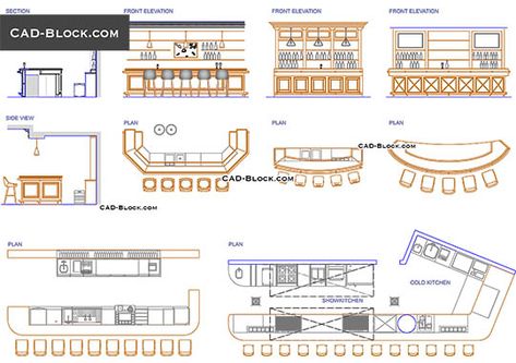 Bar Design - free AutoCAD Blocks Bar Counter Plan Layout, Restaurant Bar Dimensions, Bar Counter Chair Design, Bar Dimensions Design Plan, Cafe Counter Dimensions, Bar Plans Design Layout, Bar Floor Plan Layout, Counter Restaurant Design, Bar Layout Plan