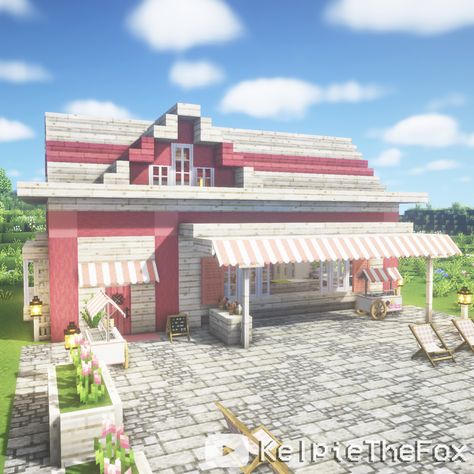 Sanrio Houses Minecraft, Preppy Minecraft Builds, Minecraft Bakery Aesthetic, Cafe Ideas Minecraft, Ice Cream Shop Minecraft, Minecraft Ice Cream Shop, Sanrio Minecraft Builds, Minecraft Bakery, Minecraft Market