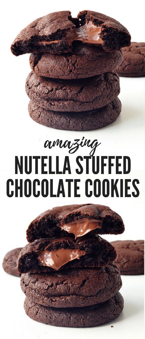 Stuffed Chocolate Cookies, Nutella Stuffed Cookies, Pancakes Nutella, Nutella Cookies Recipe, Chewy Chocolate Cookies, Stuffed Cookies, Nutella Desserts, Nutella Brownies, Nutella Cookies