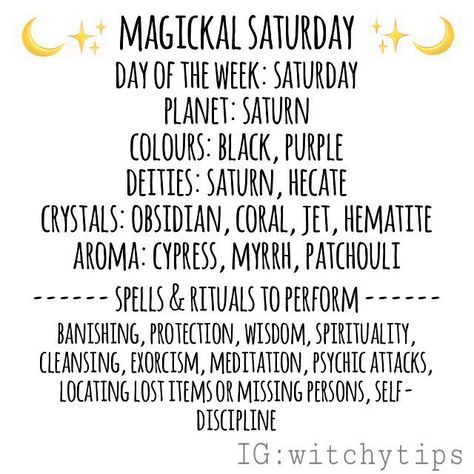 Tips for Witches Everywhere! ✨ on Instagram: “Magickal Saturday 🌙 Here are correspondences and best spells to do on a Saturday!” Daily Correspondences, Witchcraft Tips, Magick Spells, Candle Magick, Eclectic Witch, Star Gazing, Wicca Witchcraft, Witch Spell, White Witch