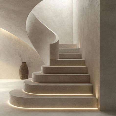 This elegant, curved staircase features gypsum construction enhanced by subtle LED lighting, creating a serene and modern aesthetic. The gypsum material offers a seamless, matte finish that complements the minimalist design, while the integrated lighting adds warmth and highlights each step. Ideal for architects and interior designers focused on creating tranquil, sophisticated spaces, gypsum stairs like this embody both style and durability, blending form and function for luxury interiors. Minimalist Stairs, Minimal Stairs, Building Materials Architecture, Emirates Hills, Materials Architecture, Integrated Lighting, Staircase Lighting, Ali Baba, Living Room Design Inspiration