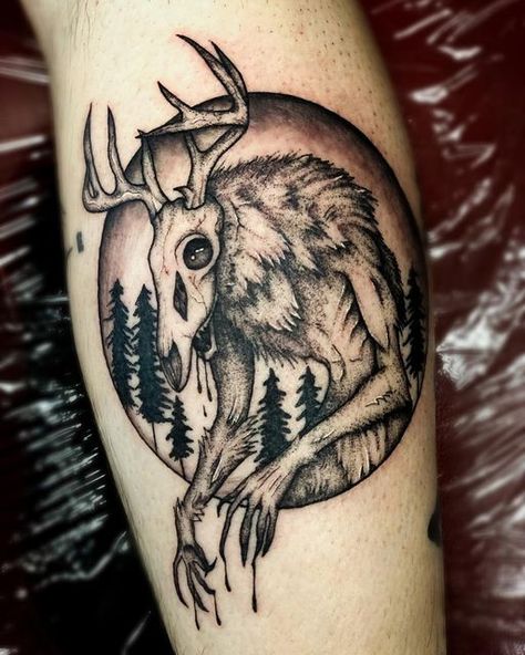 Small Cryptid Tattoo, Skinwalker Tattoo Design, Traditional Cryptid Tattoo, Cryptic Tattoo Ideas, Forest Neck Tattoo, Wendigo Tattoo Ideas, Unsettling Tattoo Ideas, Urban Legend Tattoo, Cute Cryptid Tattoo