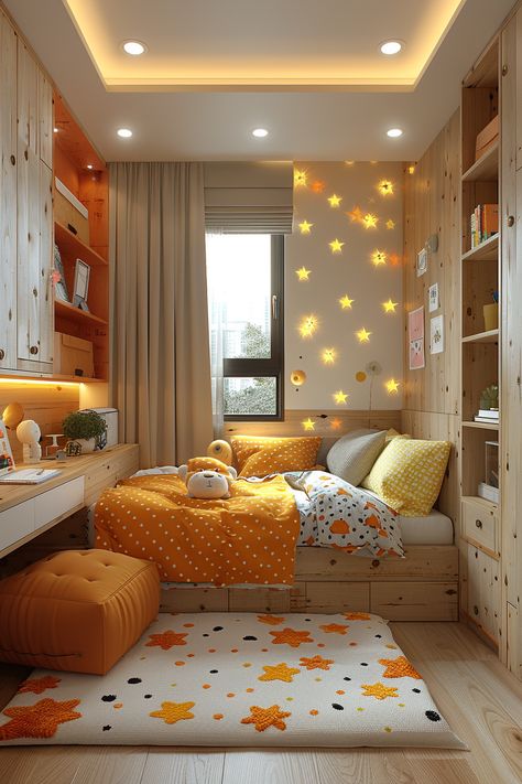 Enchanting warmth in a child's haven: This cozy bedroom, adorned with wooden elements and vibrant orange tones, embodies a timeless charm. Gentle star lights cast a whimsical glow, complementing the polka dot bedding and playful rug. Designed for energy efficiency, NOVASPACE PROMOciones crafts spaces that cherish beauty and sustainability. Experience the allure of passive living today. Girls Orange Bedroom, Orange Kids Bedroom, Yellow Kids Bedroom, Bear Bedroom, Sustainable Bedroom, Polka Dot Bedding, Orange Rooms, Big Girl Bedrooms, Orange Bedroom