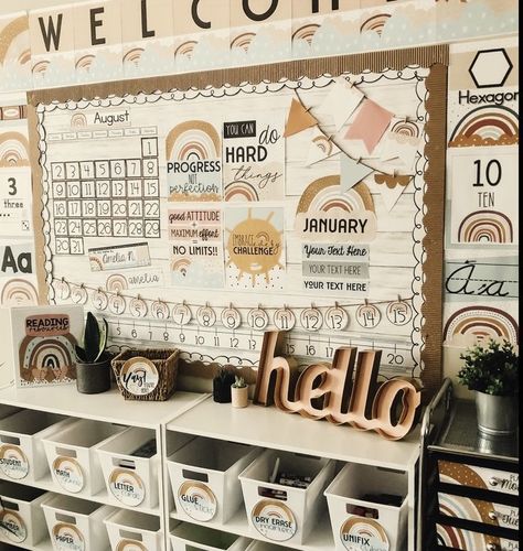 Cute Classroom Ideas Elementary, Kindergarten Classroom Design, Teaching Classroom Decor, Boho Classroom Decor, Elementary Classroom Themes, Boho Rainbow Classroom, Teachers Room, Classroom Goals, Teacher Bulletin Boards