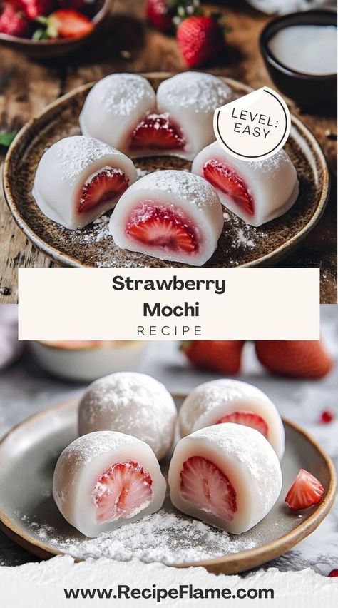 A delightful fusion of sweet strawberries wrapped in chewy mochi! These treats are both refreshing and satisfying, leaving my friends amazed at their unique texture and perfect balance of flavors. Strawberry Mochi Recipe, Strawberry Mochi, Mochi Recipe, Strawberry Puree, Easy Strawberry, Holiday Meals, Vegan Condiments, Vegan Butter, Coconut Cream