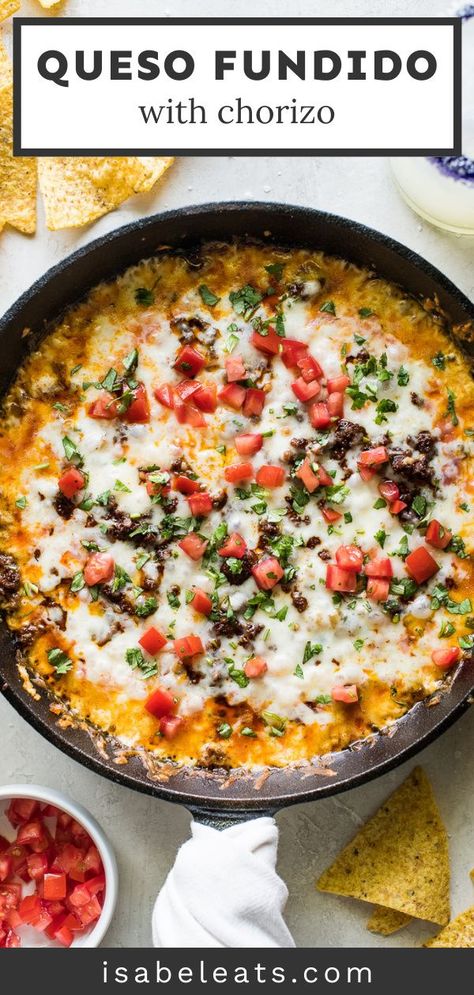 Cheesy and gooey Queso Fundido combines melted cheese, chorizo, and peppers in a hot skillet. This restaurant-worthy appetizer is easy to make and done in under 30 minutes! Don’t forget the tortilla chips for dipping! #quesofundido #appetizer Mexican Onions, Queso Fundido With Chorizo, Appetizers Mexican, Sausage Appetizer Recipes, Queso Fundido Recipe, Fundido Recipe, Mexican Appetizer, Mexican Chorizo, Mexican Appetizers