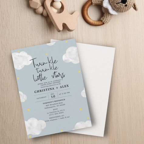 Blue Watercolor Clouds Twin Boys Baby Shower Invitation Cloud Baby Shower Theme, Twin Boys Baby Shower, Baby Boy Invitations, Baby Boy Shower Invitations, Blue Baby Shower Invitations, Gray Watercolor, Serif Typography, Watercolor Clouds, Boy Shower Invitations