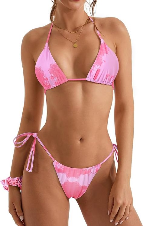 SUUKSESS Women String Bikini Set Tie Side Thong Sexy Halter Swimsuits 2 Pieces Halter Swimsuits, Clothes For Pregnant Women, Tankini Swimsuits For Women, Beach Swimwear, Pink Tie, Pink Tie Dye, Swimsuits Halter, Women Swimsuits, Shoes Jewelry