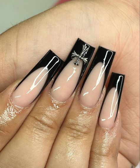 Long Acrylic Nails Back To School, Black V Shaped French Tip Nails, Black Nail Sets Coffin, Black Acrylic Nails With Cross Charm, Black Acrylics Nails, Chicana Nails Short, Black Long French Tip Nails, Black Nails With Initial, Black French Tip Nails Long