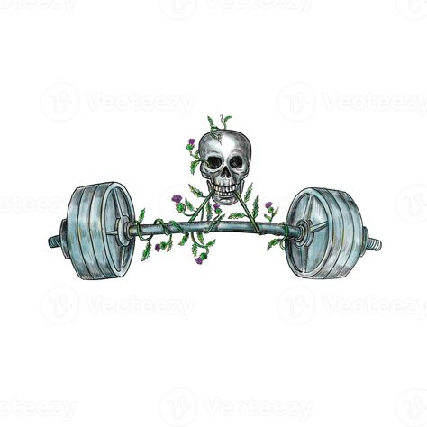 Skull Lifting Barbell Thistle Tattoo Barbell Tattoo Ideas For Women, Lifting Tattoos, Barbell Tattoo, Weightlifting Tattoo, Bro Tattoos, Belle Tattoo, Thistle Tattoo, Muscle Tattoo, Dad Tattoos