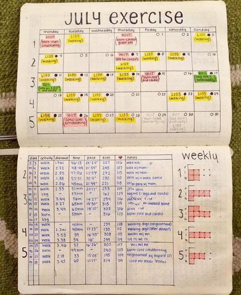 exercise tracker hiit high intensity training, liss low intensity, color coding Bullet Journal Health, Fitness Fits, Bullet Journal Page Ideas, Training Journal, Journal Page Ideas, Aesthetic Workout, Bullet Journal Page, Fits Aesthetic, Bullet Journal Notebook