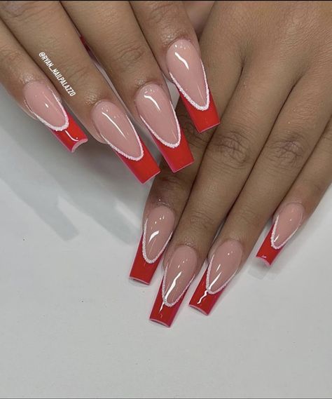 Nails Coffin Red, Long Red Nails, Red And White Nails, Sassy Nails, Red Acrylic Nails, French Tip Acrylic Nails, Cute Acrylic Nail Designs, Red Nail Designs, Long Acrylic Nails Coffin