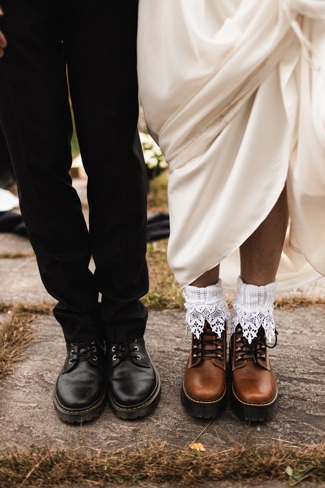 The perfect fall wedding attire! #alaska #fall #wedding #elopement #photography #intimate #autumn #detailshots #shoes Wedding Hiking Boots, Fall Wedding Attire, Groom Wedding Shoes, Intimate Fall Wedding, Alaska Elopement, Lakeside View, Elopement Announcement, Wedding Boots, Two Brides