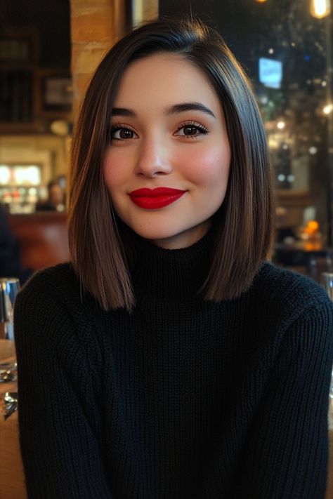 Woman with a bob haircut and bright red lipstick smiling while seated in a cozy restaurant. Haircuts 2025 Trends, New Hairstyle For 2024 Women, Hairstyle For Short Straight Hair, Classy Bob Hairstyles, Haïr Cut Short Hair, Womens Bob Haircuts, Short Straight Hair Hairstyles, Shoulder Length Hair Brunette, Short Haircut Straight Hair