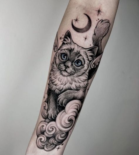 Ragdoll Cat Tattoo, Cat Sleeve Tattoo, Ragdoll Tattoo, Pet Memorial Tattoo, Zelda Tattoo, Sleeve Tattoo Ideas, Realistic Watercolor, Cat Tattoo Designs, Gaming Tattoo