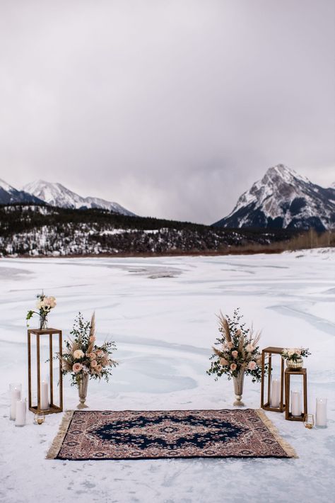 I wanted to create a romantic, rustic whimsical setting in this unique location, while showcasing the mountains and ice. The gold, dusty blues, and pinks popped so beautifully against the snow. Wyoming Winter Wedding, Outdoor Winter Elopement, Winter Mountain Elopement, Winter Elopement Photography, Winter Wedding Vibes, Snow Wedding Ceremony, Winter Cabin Wedding, Snow Elopement, Winter Wedding Locations