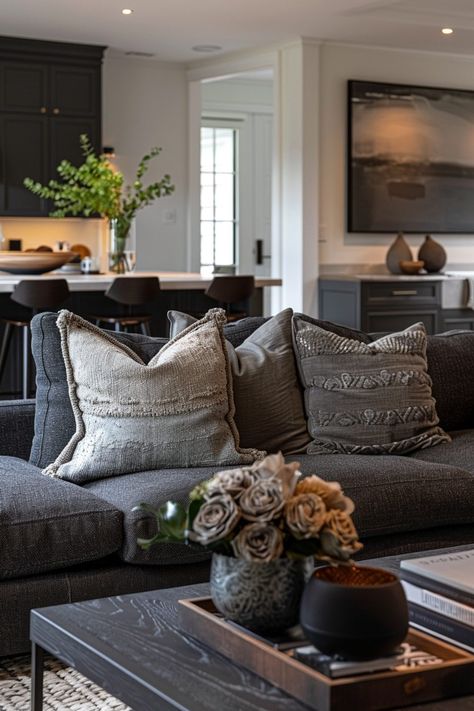 Charcoal Sofa Living Room, Dark Couch Living Room, Grey Couch Living Room Ideas, Gray Sectional Living Room, Dark Grey Couch, Dark Grey Couch Living Room, Dark Sofa, Dark Grey Sofa, Dark Grey Couches