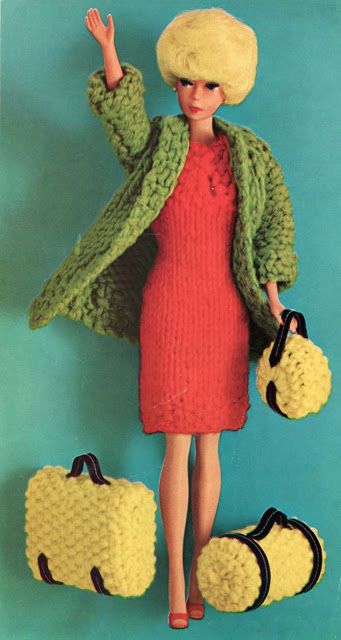 1960s Knitting - Barbie Doll Travel Ensemble Barbie Doll Clothes Patterns, Worsted Weight Yarn Patterns, Barbie Knitting Patterns, Barbie Doll Clothes, Doll Knitting, Crochet Barbie Clothes, Barbie Clothes Patterns, Vintage Crochet Pattern, Barbie Style