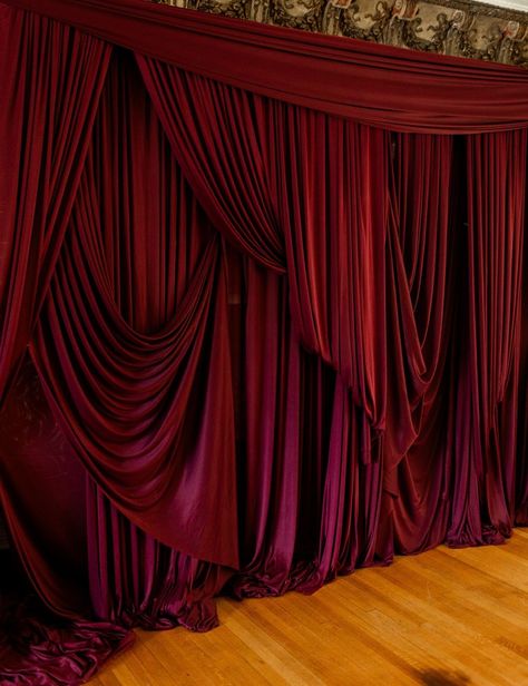 Burgundy draping inspiration • Art Nouveau Inspired Moody Wedding Editorial at Colvin House • Savoir Fête, Chicago Wedding Planner • Photography by Alex Ferreri Wedding Drapery Ideas Receptions, Drapes Photoshoot, Red Party Themes, Planner Photography, Red Velvet Curtains, Wedding Drapery, Theatre Backdrops, Art Nouveau Wedding, Nouveau Wedding