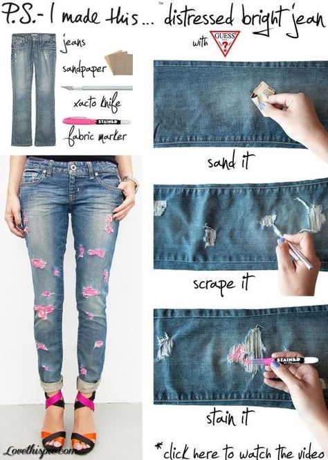 36 Wonderful Ideas and Tutorials to Refashion Your Old Jeans Diy Distressed Jeans, Jean Diy, Diy Ripped Jeans, Diy Staining, Diy Fashion Projects, Diy Clothes Refashion, Diy Jeans, Diy Clothes Videos, Denim On Denim