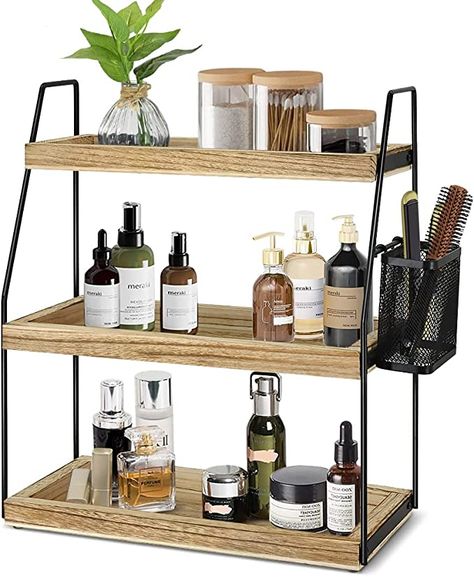 Counter Shelf Bathroom, Bathroom Countertop Shelves, Bathroom Makeup Shelves, Skincare Organizer Bathroom, Bathroom Vanity Skincare Organization, Cosmetic Organizer Bathroom, Countertop Shelf Bathroom, Organize Makeup In Bathroom Counter, Wood Bathroom Organizer