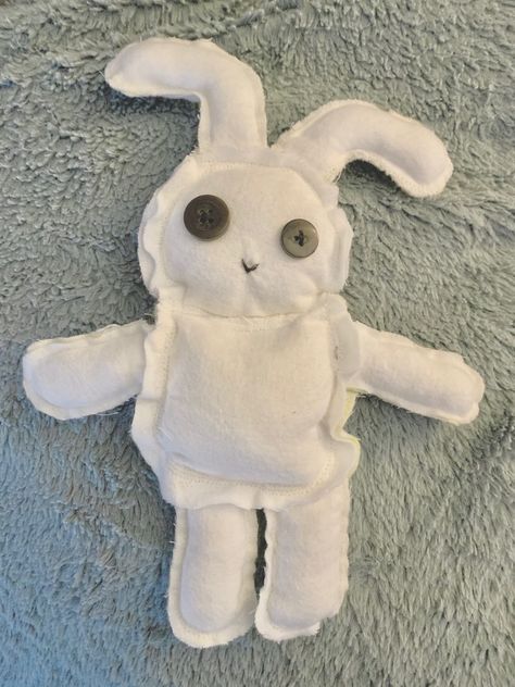 Soft White Bunny with button eyes. Embroidering Eyes On Stuffed Animals, Embroidered Stuffed Animal Eyes, Gloomy Bunny Plush, Homemade Stuffed Animals, Creepy Bunny Plush, Creepy Plushies Teddy Bears, Button Eyes, Doll Aesthetic, Bunny Doll