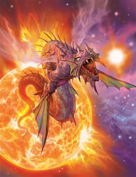 A solar dragon (also known as a radiant dragon or a sun dragon) is born in the heart of a star. It divides its time outside its lair between patrolling its territory and hunting for food. The dragon has a serpentine body, a pair of ventral limbs ending in long fins, nebulous wings that give off light, and gleaming, multicolored scales. It can see clearly even in intensely bright light. Solar Dragon, Astral Sea, Sun Dragon, Galaxy Aesthetic, Dragon's Lair, Forgotten Realms, Dnd Monsters, Dragon Illustration, Cosmic Horror