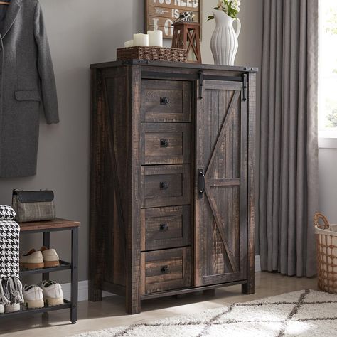 PRICES MAY VARY. CREATIVE 5-DRAWER DRESSER DESIGN WITH SLIDING BARN DOOR: This chest of drawers features a great fusion of farmhouse beauty and the utility of storage space. This farmhouse 5-drawer dresser measures 31.25''W x 15.57''D x 48''H. It features 5 drawers with a width of 11.2 inches (drawer size: 11.2''W * 12''D * 5.7''H), and space-saving sliding barn doors with 2 adjustable shelves. the combination of drawers and sliding barn door greatly adds storage space to your home for socks, cl Barn Door Cabinet, Tall Drawers, Rustic Dresser, Dresser Tv Stand, Tall Chest Of Drawers, Farmhouse Dresser, Dresser With Tv, Door Farmhouse, Modern Storage Cabinet