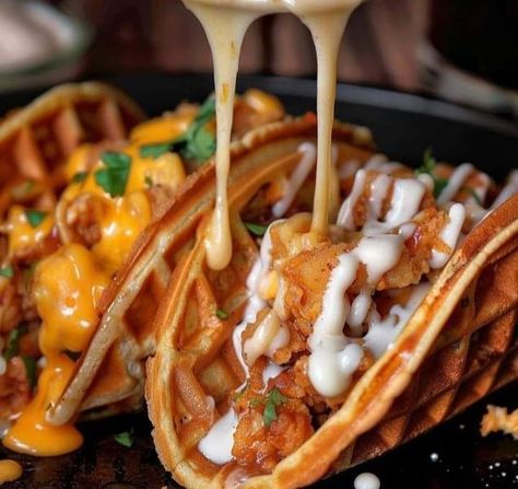 Malati Trivedi Crock Pot Shredded Chicken Tacos, Crock Pot Shredded Chicken, Waffle Chicken, Waffle Tacos, Waffle Taco, Tacos Chicken, Nacho Fries, Fluffy Waffles, Shredded Chicken Tacos