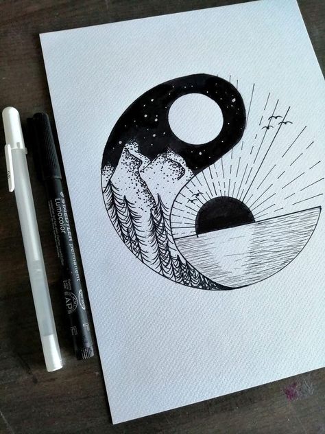 Yin Yang Art, Black And White Art Drawing, White Drawing, Art Drawings Sketches Pencil, Ink Drawings, Pencil Art Drawings, Zen Art, Skull Tattoos, Black And White Drawing