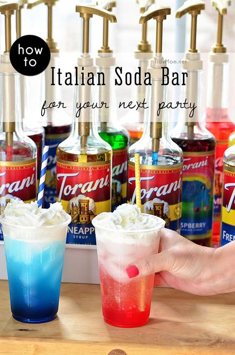 Summer Refreshers, Torani Syrup Recipes, Italian Soda Bar, Italian Sodas, Italian Cream Soda, Torani Syrup, Kid Friendly Drinks, Soda Bar, Italian Party