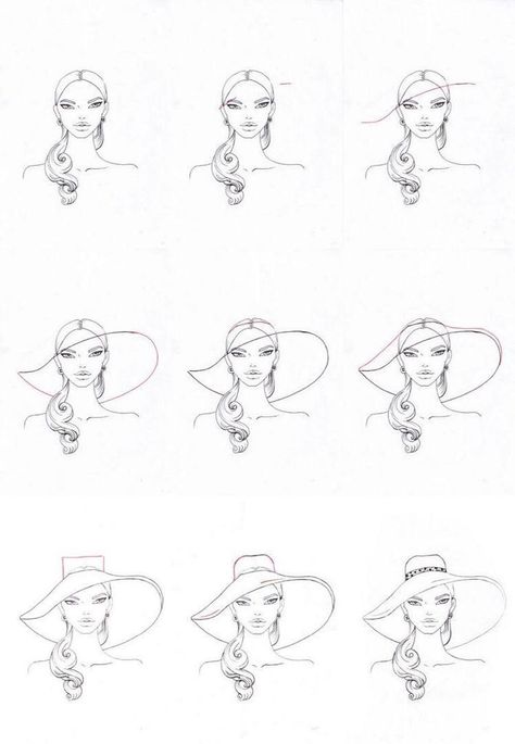 Fashion Hat Drawing, Sunhat Drawing Reference, How To Draw A Hat On A Head, Hat Sketches Design, How To Draw A Hat, Hat Drawing Sketches, Hat Fashion Illustration, Hat Drawing Reference, Hat Sketch