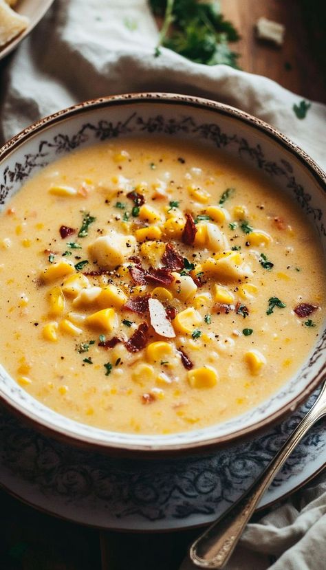 Savor the creamy goodness of this hearty corn chowder, packed with sweet corn, tender potatoes, smoky bacon, and rich cream. This comforting soup is easy to make and perfect for cozy evenings or as a make-ahead lunch. Its velvety texture and robust flavors make it a family favorite that’s both satisfying and delicious. Pair with crusty bread for the ultimate cozy meal! Sweet Potato Chowder Recipe, Creamy Corn Chowder Recipe, Sweet Potato Chowder, Creamy Corn Chowder, Potato Chowder, Corn Chowder Recipe, Chowder Recipe, Comforting Soup, Creamy Corn