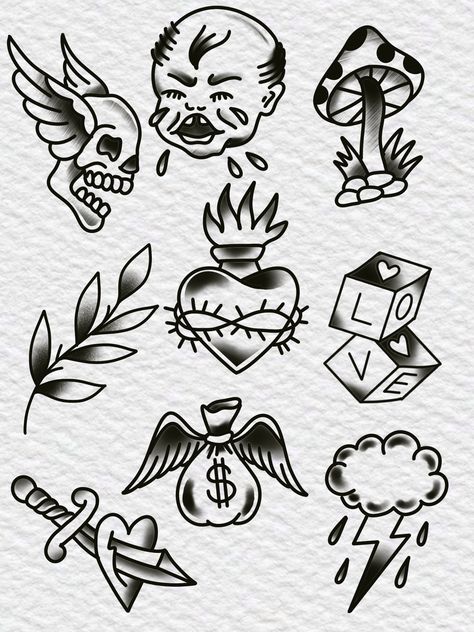 Basic American Traditional Tattoo, Old Skool Tattoo Design, Small Gap Filler Tattoo Ideas, American Traditional Tattoo Art Flash, American Old School Tattoo Black, Flash Tattoo Designs Traditional, Traditional Tattoos Simple, Trad Flash Sheet, Black Work Tattoo Flash