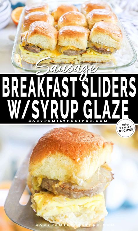 Hawaiian Roll Breakfast Sliders with Sausage, Egg & Cheese · Easy Family Recipes Handheld Sandwiches, Easy Breakfast For A Crowd, Maple Butter Glaze, Hawaiian Roll Breakfast Sliders, Hawaiian Roll Breakfast, Sausage Sandwich Recipes, Slider Recipe, Easy Slider Recipes, Breakfast Sliders