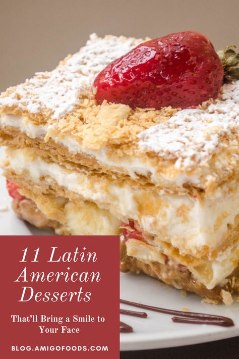 One might say that the Chileans borrowed the Torta de Milhojas from the French, mainly due to its striking resemblance to the French Mill-Feuille. But regardless of where the idea came from, the Chileans certainly perfected it. #chileanfood #chile #dessert #amigofoods Latin American Desserts, Latin Dessert Recipes, Costa Rican Desserts, Chilean Desserts, America Dessert, East Dessert, Latin Desserts, Chilean Food, Chilean Recipes