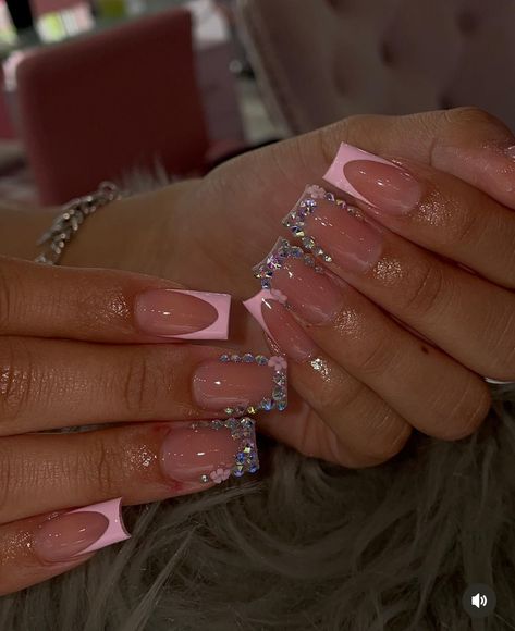 Pink French Tip Nails, Pink French Tip, Short Acrylics, 16 Birthday, Pink French, Nail Ring, Pink Bling, Tip Nails, Sweet 16 Birthday